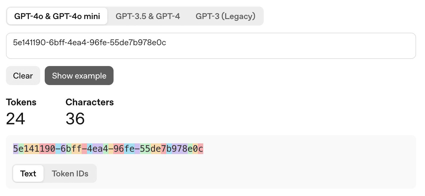 OpenAI Tokenizer output for a UUID - showing 24 tokens