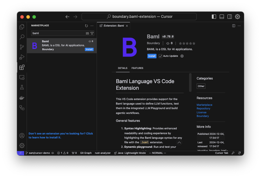 Screenshot of Cursor showing BAML extension as available to install