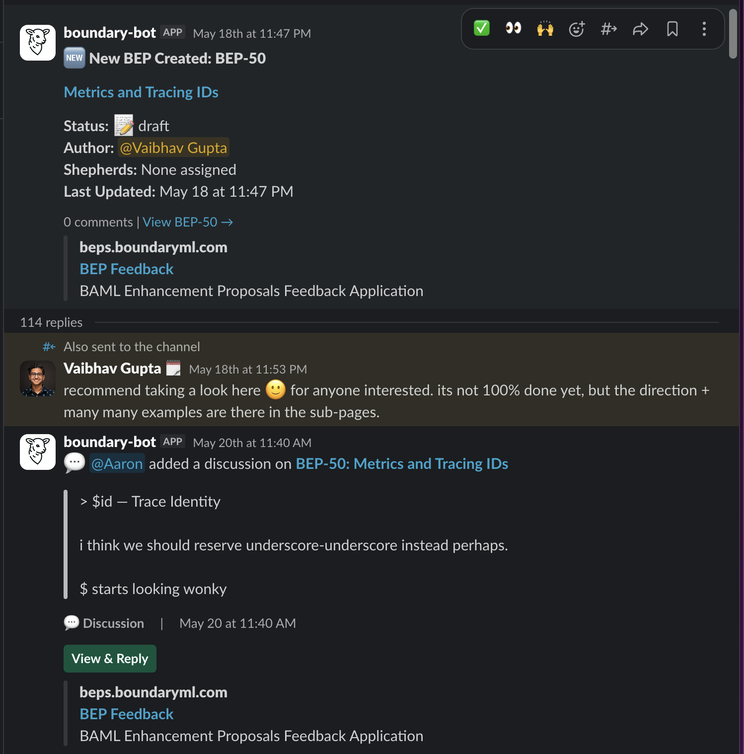 Slack thread announcing a new BEP